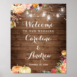 Rustic Autumn Floral Mason Jar Lights Wedding Sign Poster