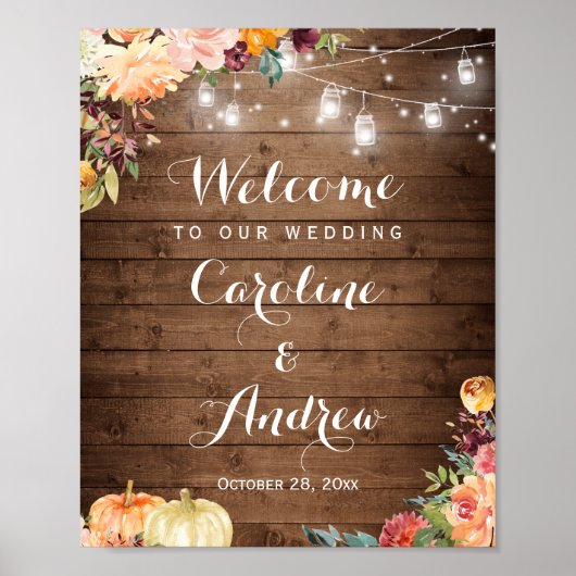 Rustic Autumn Floral Mason Jar Lights Wedding Sign Poster (Voorkant)