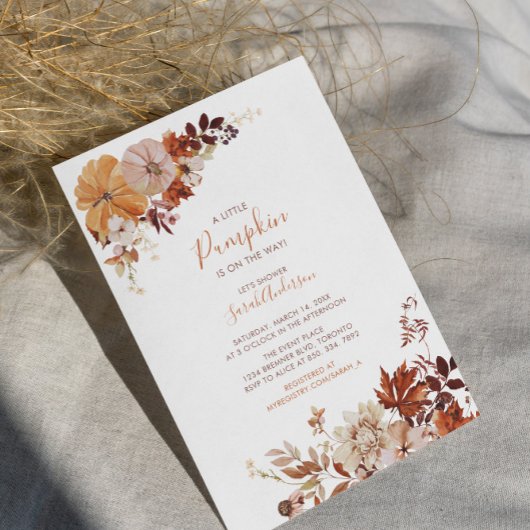 Rustic Autumn Floral Pumpkin Baby shower Invitatio Kaart