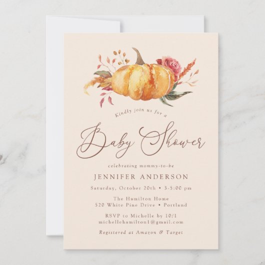 Rustic Autumn Floral Pumpkin Baby shower Kaart (Voorkant)