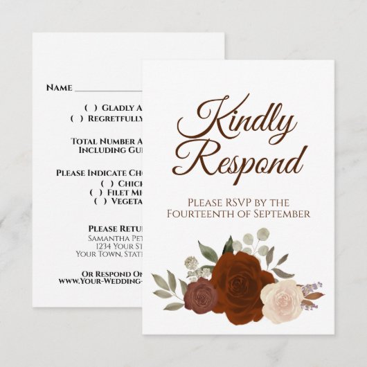 Rustic Autumn Floral Rust Oranje Rozen Wedding RSVP Kaartje (Voorkant / Achterkant)