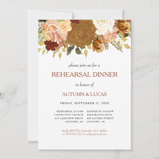 Rustic Autumn Floral Rust Rehearsal Dinner Inv Kaart (Voorkant)