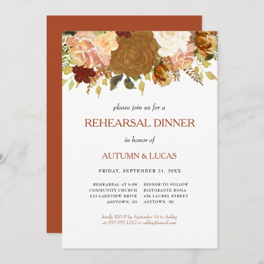 Rustic Autumn Floral Rust Rehearsal Dinner Inv Kaart (Voorkant / Achterkant)