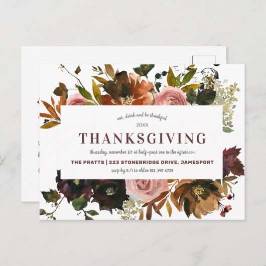 Rustic Autumn Floral Thanksgiving Uitnodiging Briefkaart (Voorkant / Achterkant)