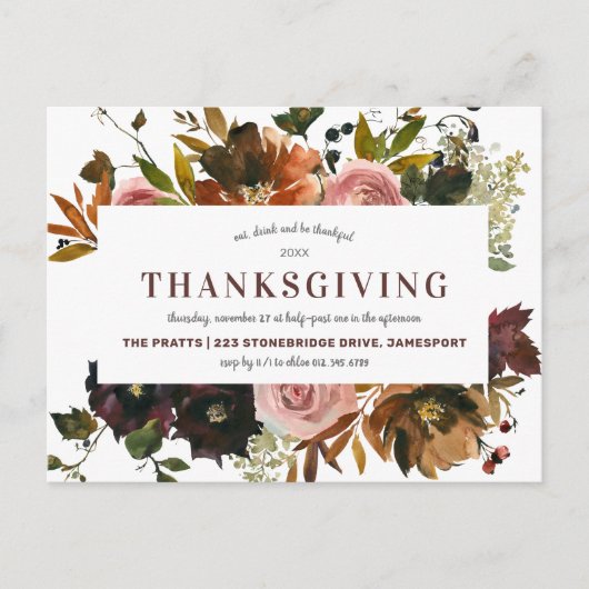 Rustic Autumn Floral Thanksgiving Uitnodiging Briefkaart (Voorkant)