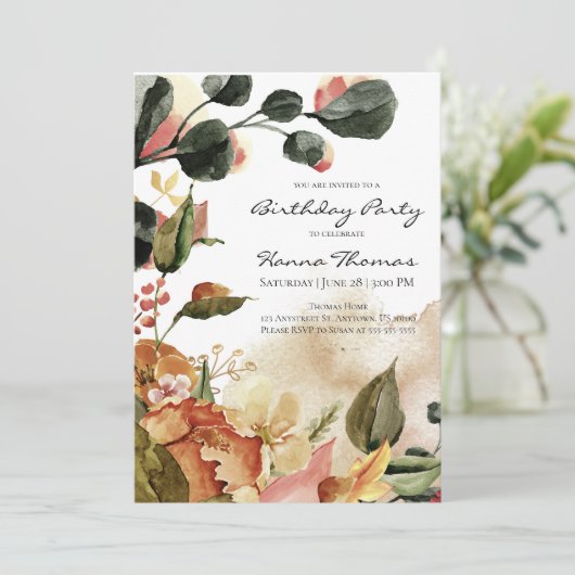 Rustic Autumn Floral Waterverf Birthday Kaart (Staand voorkant)