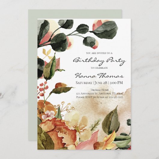 Rustic Autumn Floral Waterverf Birthday Kaart (Voorkant / Achterkant)