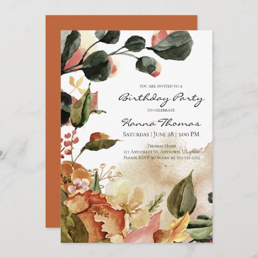 Rustic Autumn Floral Waterverf Birthday Kaart (Voorkant / Achterkant)