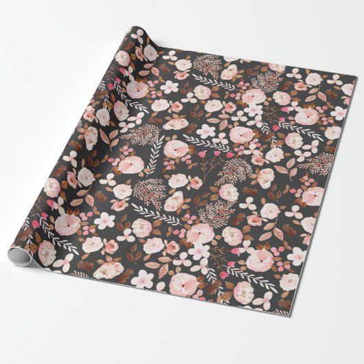 Rustic Autumn Floral Waterverf Pattern Pink Brown Cadeaupapier (Uitgerold)