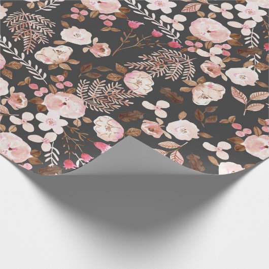Rustic Autumn Floral Waterverf Pattern Pink Brown Cadeaupapier (Hoek)