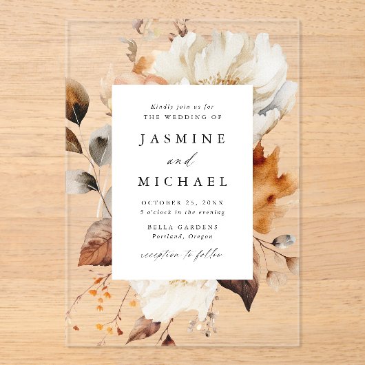 Rustic Autumn Floral Wedding Acryl Uitnodigingen (Voorkant)