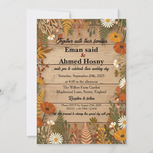 Rustic Autumn Floral Wood Wedding Invitation | Fal Kaart (Voorkant)