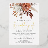 Rustic Autumn Florals Terracotta Wedding Glam Real Folie Uitnodiging (Voorkant)