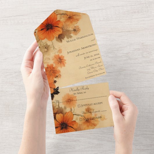 Rustic Autumn Flowers All In One Uitnodiging (Afscheurbaar)