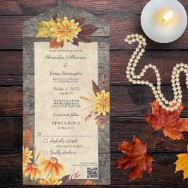 Rustic Autumn Flowers op hout met QR-code All In One Uitnodiging
