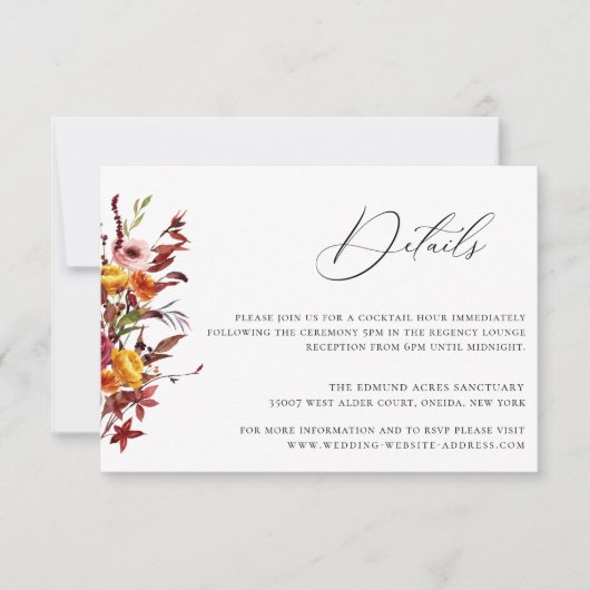 Rustic Autumn Foliage Floral Wedding Details Card Kaart (Voorkant)