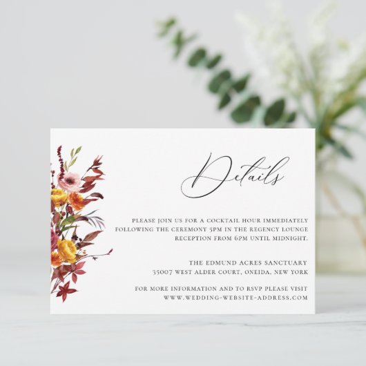 Rustic Autumn Foliage Floral Wedding Details Card Kaart (Staand voorkant)