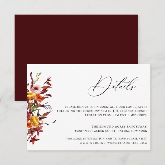 Rustic Autumn Foliage Floral Wedding Details Card Kaart (Voorkant / Achterkant)