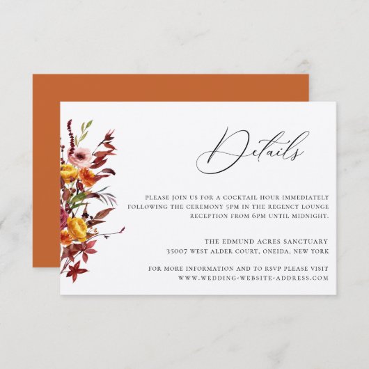 Rustic Autumn Foliage Floral Wedding Details Card Kaart (Voorkant / Achterkant)