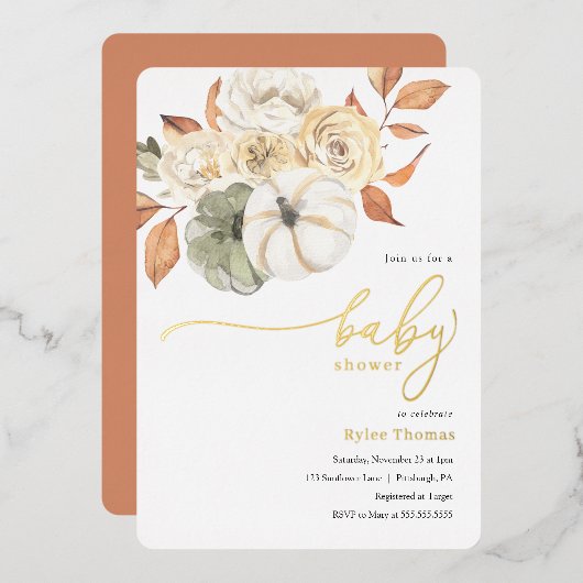 Rustic Autumn Foliage Pumpkin Autumn Bay Shower Folie Uitnodiging (Voorkant / Achterkant)