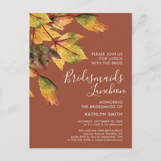 Rustic Autumn Foliage Wedding Bridesmaids Luncheon Uitnodiging Briefkaart (Voorkant)