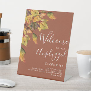 Rustic Autumn Foliage Wedding Unplugged Ceremony Reclamebord Met Voetstuk