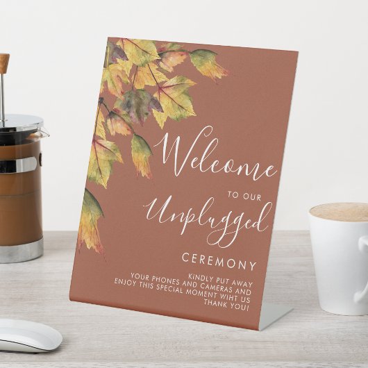 Rustic Autumn Foliage Wedding Unplugged Ceremony Reclamebord Met Voetstuk
