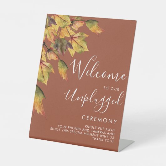 Rustic Autumn Foliage Wedding Unplugged Ceremony Reclamebord Met Voetstuk (Voorkant)