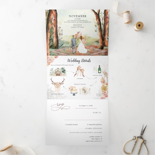 Rustic Autumn Forest | Boho Wedding Drieluik Uitnodiging (Binnen)