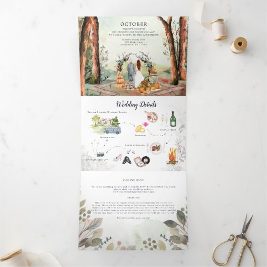Rustic Autumn Forest | Boho Wedding Drieluik Uitnodiging (Binnen)