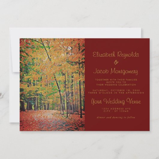Rustic Autumn Forest Burgundy & Gold Wedding Kaart (Voorkant)