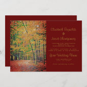Rustic Autumn Forest Burgundy & Gold Wedding Kaart (Voorkant / Achterkant)