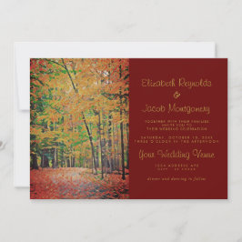 Rustic Autumn Forest Burgundy & Gold Wedding Kaart