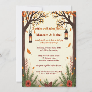 Rustic Autumn Forest Lanterns Wedding Invitation | Kaart