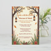 Rustic Autumn Forest Lanterns Wedding Invitation | Kaart (Staand voorkant)