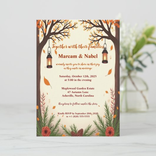 Rustic Autumn Forest Lanterns Wedding Invitation | Kaart (Staand voorkant)