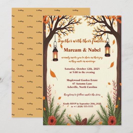 Rustic Autumn Forest Lanterns Wedding Invitation | Kaart (Voorkant / Achterkant)