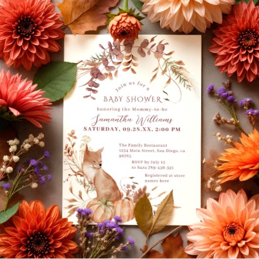 Rustic Autumn Fox Pumpkin Baby shower Kaart