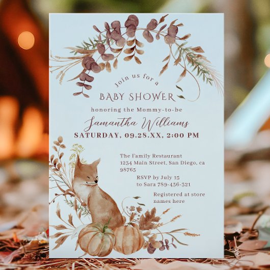 Rustic Autumn Fox Pumpkin Baby shower Kaart