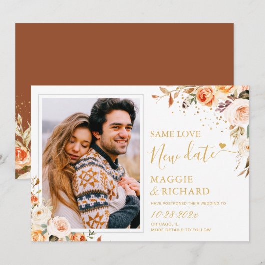 Rustic Autumn Gold Floral Foto Weddenschap uitgest Save The Date (Voorkant / Achterkant)