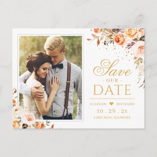 Rustic Autumn Gold Floral Wedding Save the Date Briefkaart (Voorkant)