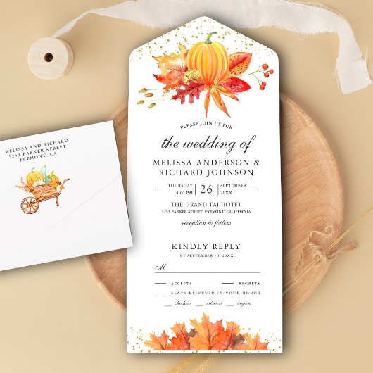 Rustic Autumn Herfst Maple Leaves Pumpkin Wedding All In One Uitnodiging