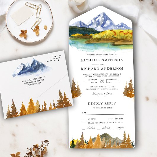 Rustic Autumn Herfst Mountain Forest Lake Wedding All In One Uitnodiging