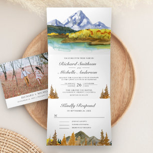 Rustic Autumn Herfst Mountain Forest Lake Wedding Drieluik Uitnodiging
