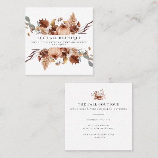 Rustic Autumn Herfst Pumpkin Floral Leaves Foliage Vierkante Visitekaartje (Voorkant / Achterkant)