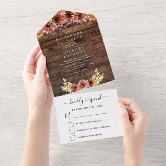 Rustic Autumn Herfst Sunflower Wedding All In One Uitnodiging (Afscheurbaar)