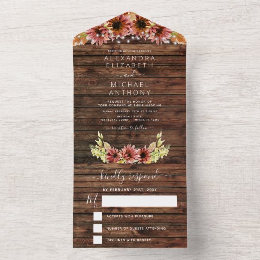 Rustic Autumn Herfst Sunflower Wedding RSVP All In One Uitnodiging (Binnen)