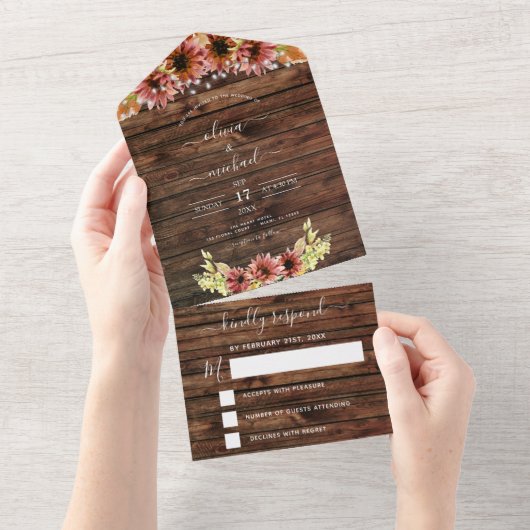 Rustic Autumn Herfst Sunflower Wedding RSVP All In One Uitnodiging (Afscheurbaar)
