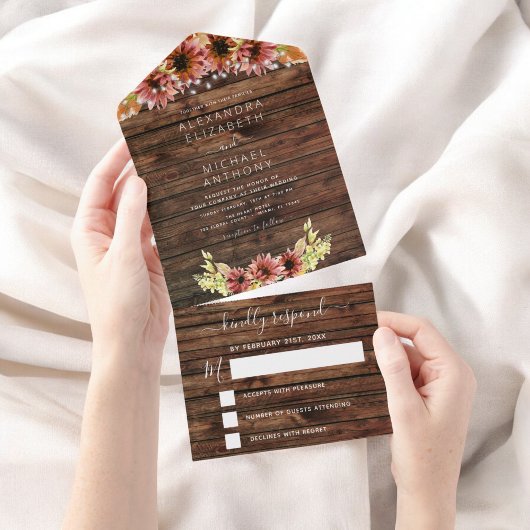 Rustic Autumn Herfst Sunflower Wedding RSVP All In One Uitnodiging