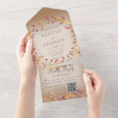 Rustic Autumn Leaf & Berry Wreath Brown QR Code All In One Uitnodiging (Afscheurbaar)